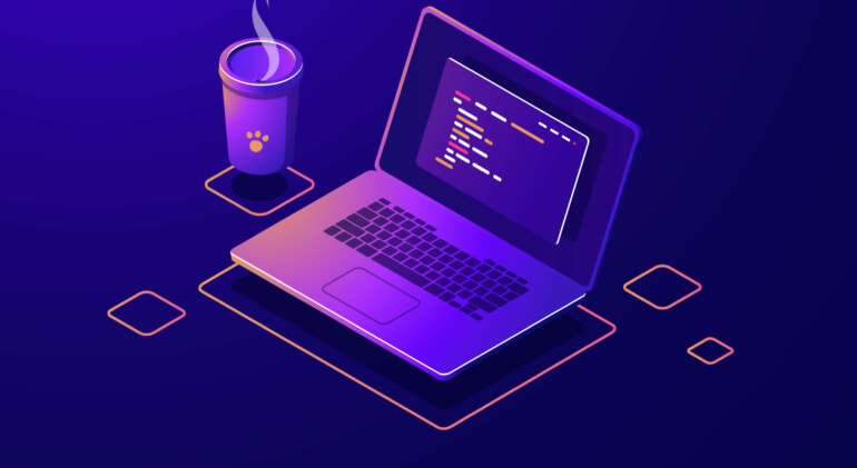 Laptop with program code isometric icon, software development and programming applications dark neon vector
